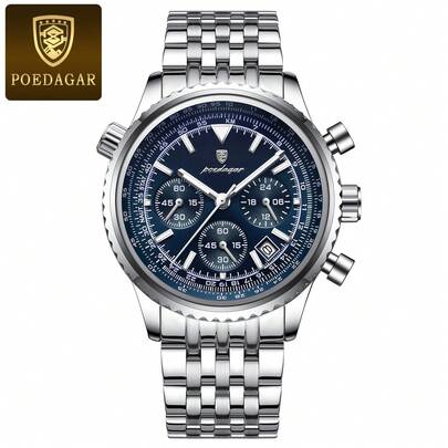 POEDAGAR 1pc Men's Fashionable Quartz Watch, Stainless Steel Multi-Function Date Chronograph Waterproof Luminous Pointer Wristwatch, Suitable For Business Occasions