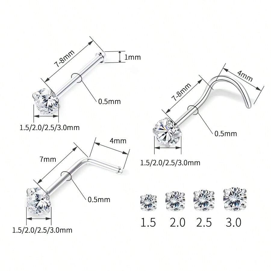 8pcs Hypoallergenic Nose Studs With Round Diamond, Medical Grade Steel