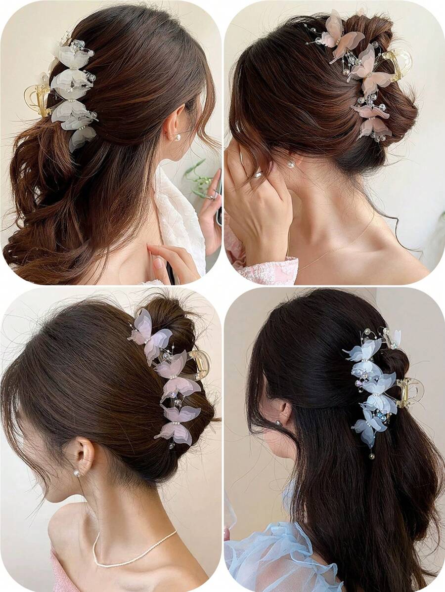 1/2/4件女士蝴蝶爪夹2024新款时尚高端甜美发夹枕发爪发夹 - 彩色 - 查看 1