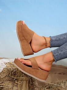 女士平臺楔形舒適涼鞋，女士拖鞋，厚底鞋，適用於女性，夏季 - 棕色 - 查看 3