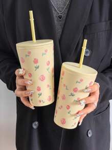 1入組卡通花系列塑料吸管杯，扁平底杯，旅行戶外杯，汽車杯，可重複使用的飲料杯，節日禮物，16.23安士/480毫升