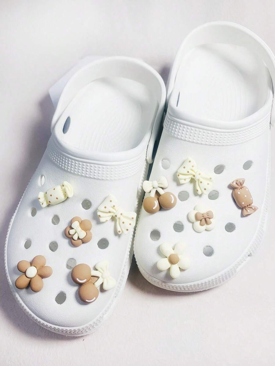 10入組卡通櫻桃蝴蝶結樹脂花糖果棕色樹脂鞋墊，DIY鞋子裝飾套件 - 彩色 - 查看 1