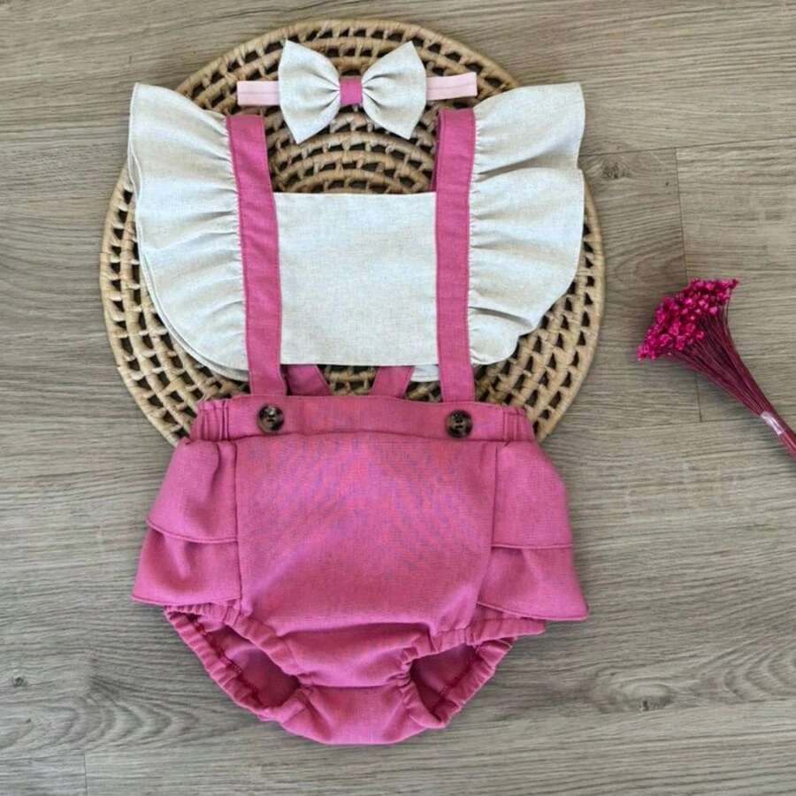 Romper Body Jardineira Bebê Menina Lisa Nude Boho Chic Ensaio de Fotos - Visão 1