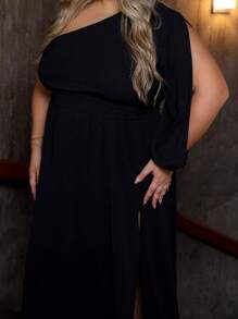 Women's Plus Size Long Dress With Single Sleeves And Slit And Delicate Belt - Black - View 8