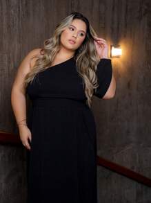 Women's Plus Size Long Dress With Single Sleeves And Slit And Delicate Belt - Black - View 9