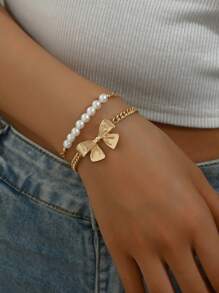 2pcs/Set Popular Bowknot & Faux Pearl Decor Bracelet, Fashionable Sweet & Cute Ladies' Jewelry For Daily Or Beach Vacation, Simple Style Valentines