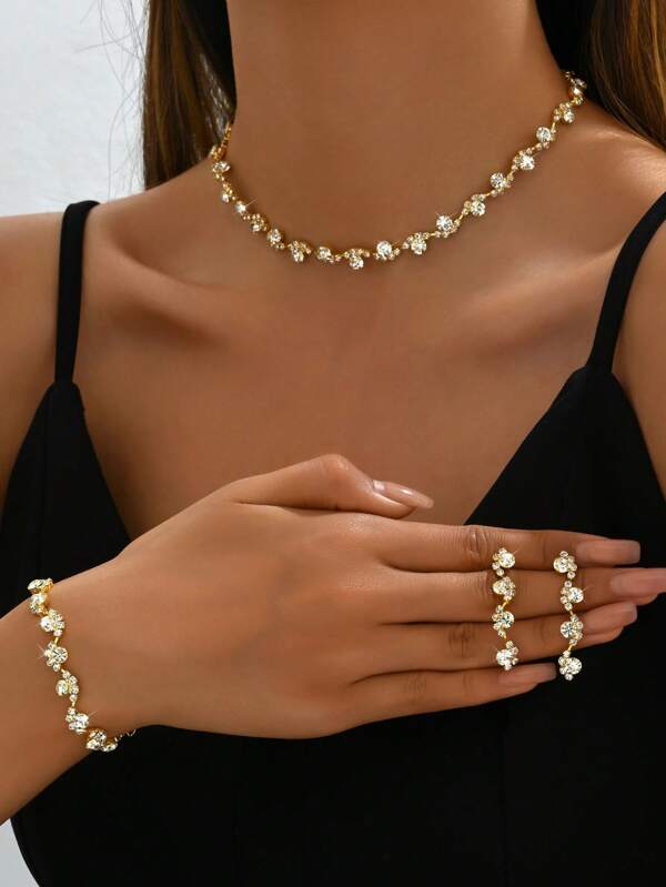 Elegant & Simple Four-Piece Set Of Necklace, Earrings, And Bracelet With Rhinestones For Evening Party, Bridal Wedding Accessories