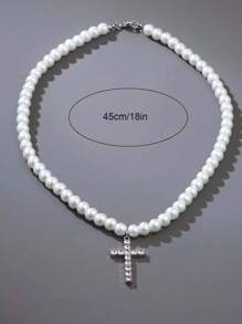 CVNANA 1pc Round Faux Pearl Beaded Necklace With Cross Pendant Unisex Fashionable Retro Style Collarbone Chain For Daily Wear And Couple Gift - White - View 10