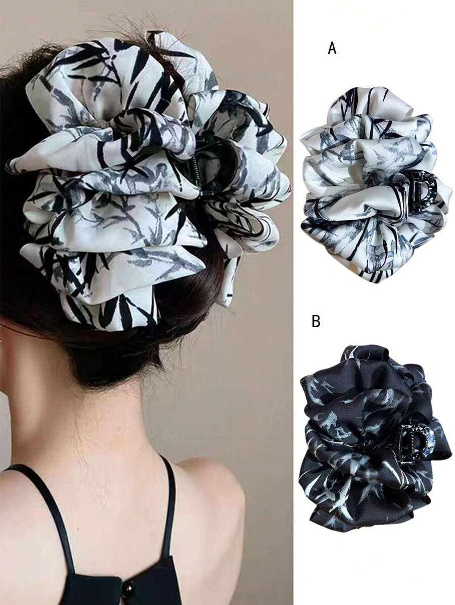 1 件女士黑白不对称印花发爪发夹带蝴蝶结，优雅简约的日常发型设计工具，花爪 - 彩色 - 查看 1