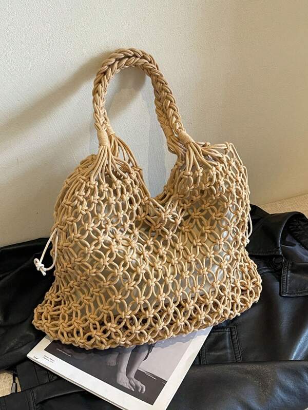 1 Pc Straw Bag, Commuter Bag, Shoulder Bag, Handbag, Portable And Portable Belt-Drawing Closed Design, Suitable For School Classrooms, Offices, Shopping, Vacations, Weddings, Swimming And Flying By The Sea, Fashionable, Simple And Versatile Crocheted Straw Bag, Suitable For Students, Mothers, Friends, Teachers, Girlfriends, Tour Guides, Girls, Bridesmaids And Other Daily Use Of The Perfect Storage Bag, Beach Purse, Vacation & Daily Use, Travel Must Haves, Fashion Summer Vacation Bag, Beach Essentials Women Bags For Vacation & Holiday, Vacation Essentials, Perfect For Summer, Vacation & Beach, Hottest Beach Bags