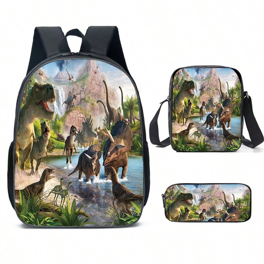 3pcs Dinosaur Backpack Set For Children, Including Kindergarten And Primary School Students: Backpack, Shoulder Bag And Pencil Case - Dinosaur Home - View 1