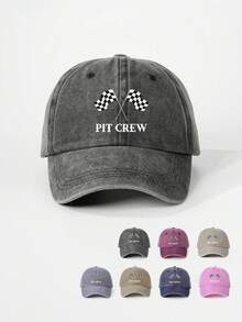 1 件女孩印花黑白格子旗字母 PIT CREW 水洗棒球帽，户外可调节防晒休闲帽，适合春秋季旅行海滩度假男孩太阳帽，Y2K 风格青年帽 - 印刷 - 查看 1