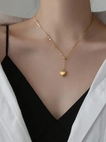 Minimalista collar de clavícula con candado en forma de corazón en 3D, collar asimétrico de color frío empalmado con cordón ajustable - Dorado - Ver 3