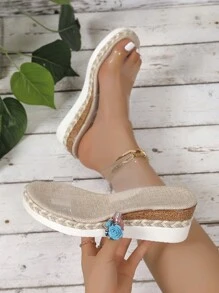 Chunky Platform Rope Wedge Slippers For Women, Summer Transparent Strap High Heel Slides, Simple Style - Clear - View 1