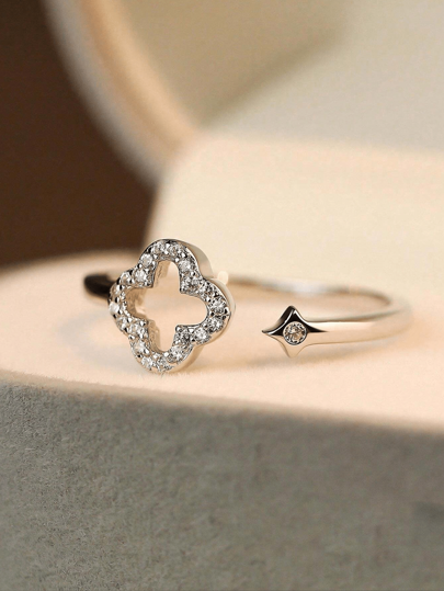1pc 925 Sterling Silver Elegant & Personalized Fashionable Cubic Zirconia Hollow Out Clover Open Ring Suitable Women Great For Festival Gift Or Daily Wear Valentines