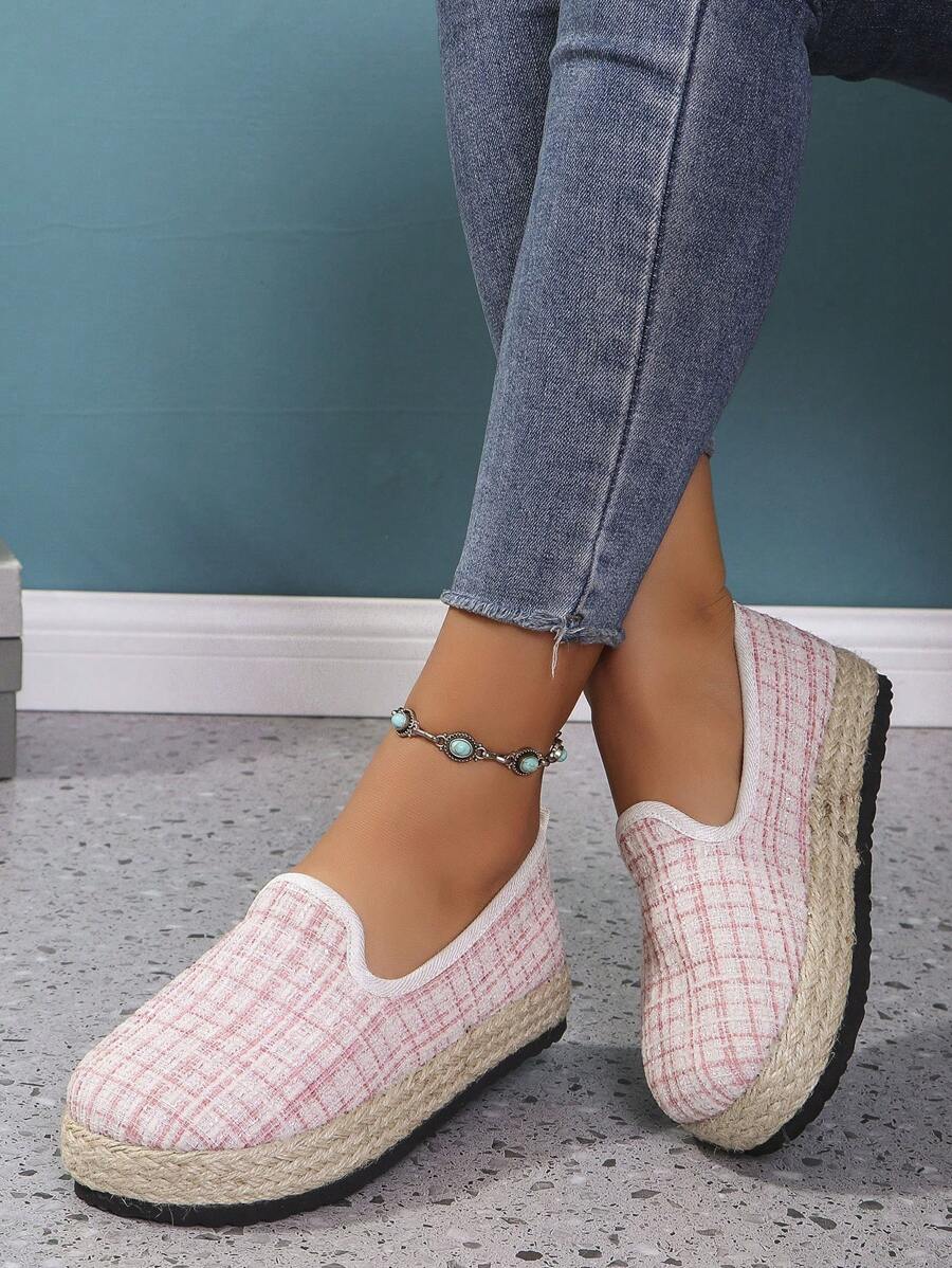 Women's Khaki Thick-Soled Fisherman Loafers, Espadrille Wedge Heel Slip-Ons For Spring/Fall, Fashionable Daily Casual Pink Shoes