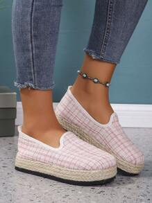 Women's Khaki Thick-Soled Fisherman Loafers, Espadrille Wedge Heel Slip-Ons For Spring/Fall, Fashionable Daily Casual Pink Shoes