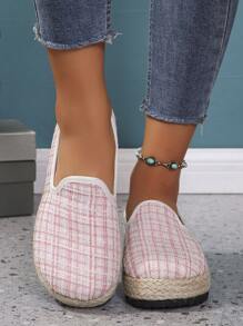 Women's Khaki Thick-Soled Fisherman Loafers, Espadrille Wedge Heel Slip-Ons For Spring/Fall, Fashionable Daily Casual Pink Shoes