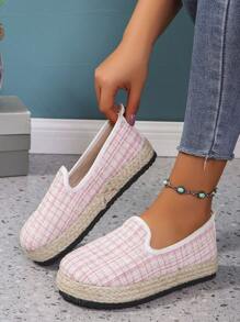 Women's Khaki Thick-Soled Fisherman Loafers, Espadrille Wedge Heel Slip-Ons For Spring/Fall, Fashionable Daily Casual Pink Shoes