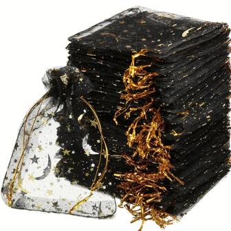 10/50pcs, Moon Stars Drawstring Organza Bags 3.5*4.7 Inch, Jewelry Gift Bags, Pouches Golden Star Organza Party Favor Pouches For Christmas Halloween Wedding Birthday Bags