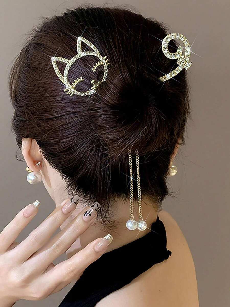 Rhinestone & Cat Decor Hair Pin Royal Hair Clips Claw Clips Hair Claws Hair Barrettes - Gold - View 1