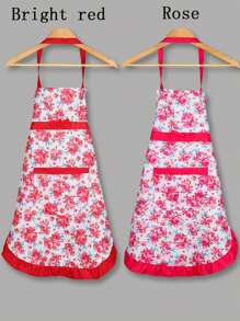 1 pezzo Grembiule in tessuto sottile con stampa floreale di rose e bordo in pizzo, elegante grembiule da cucina per vita da donne