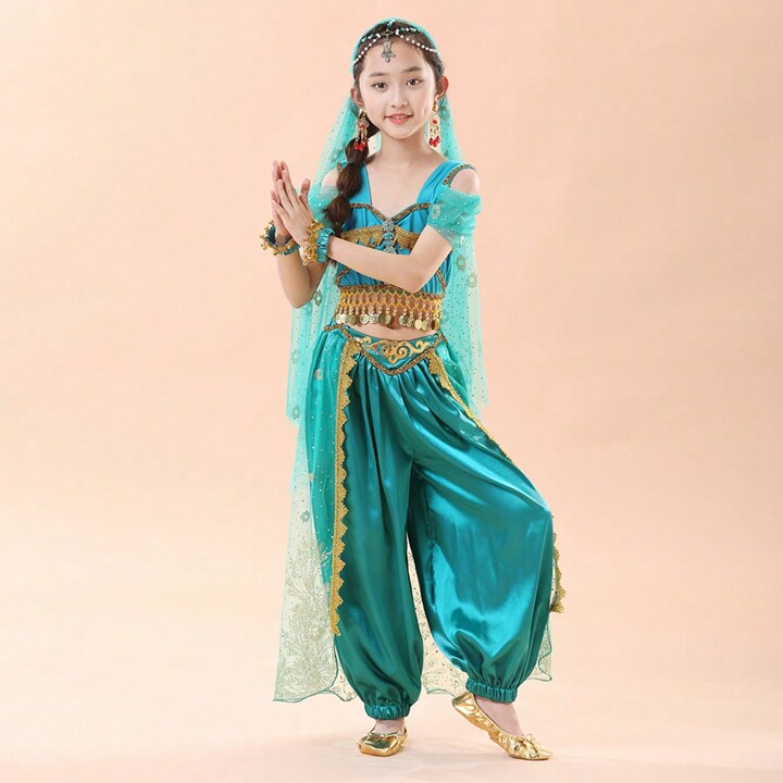 1SET Children s Princess Belly Dance Set Eastern Dance Sari Girl Performance Clothing Children s Stage Clothing Top Pants Bracelets Headband And Head Dress SHEIN UK