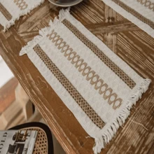 Boho Table Runner Handmade Hemstitch Blue Table Runner Or Dresser Scarf,Blue Rustic Macrame Table Runner With Tassels For Bohemian Dining Bedroom Decor Bridal ,Rectangular - Beige - View 2