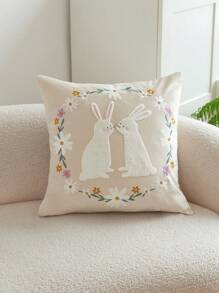 1 pièce Housse de coussin décoratif en tissu polaire avec broderie de lapin et fleurs, convient pour le salon, la chambre, les fêtes, la décoration de la maison - Beige - Voir 6