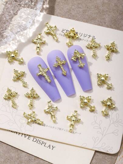 60件金色朋克风格立体十字架美甲装饰合金金属质感欧美赛博风格十字架DIY美甲合金装饰朋克十字架美甲合金金属钻精致简约百搭指甲钻饰品假指甲装饰配件适合女士和女孩美甲用品指甲饰指甲宝石指甲