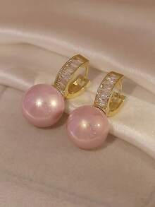 1對時尚高級粉色仿珍珠耳環，配飾鑽石 - 珍珠 - 查看 2