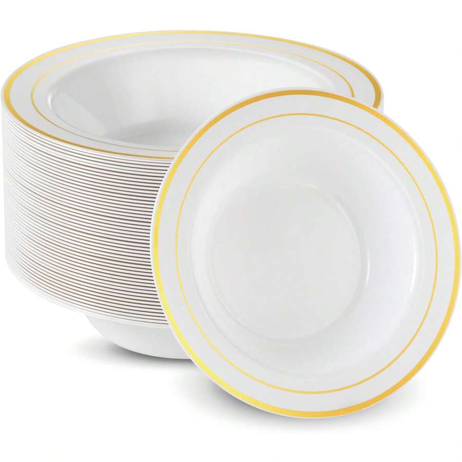 25pcs Golden Bordered Soup Bowls, Fancy Party Bowls, Heavyweight Cereal