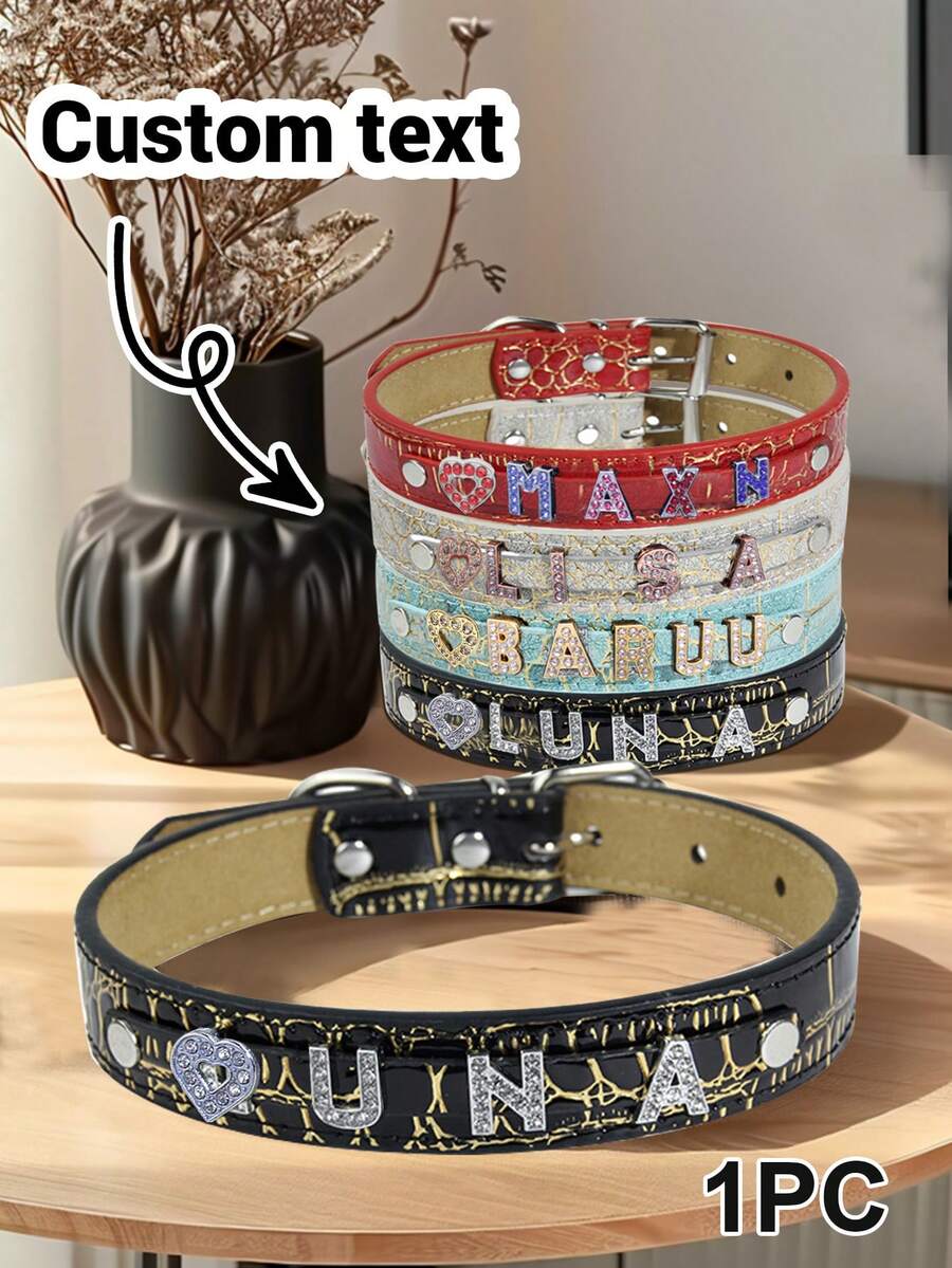 1 Vòng cổ tên bằng da PU lấp lánh đính đá Rhinestone sáng bóng tùy chỉnh theo yêu cầu cho chó & chó con, Vòng cổ tên tùy chỉnh bằng da PU Croco đính đá Rhinestone trang sức đá quý XS, S, M, L cho chó, mèo lớn, hồng đậm tím đỏ xanh, Vòng cổ chó tùy chỉnh bằng da PU có đính đá Rhinestone sáng bóng cho chó & mèo nhỏ vừa - S - Xem 1