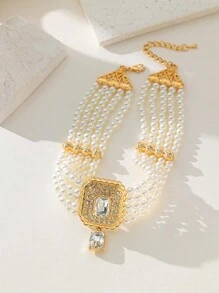 Herseygold 1套女士假珍珠項鍊耳環套裝，方形嵌鑽阿拉伯摩洛哥風格新娘珠寶套裝，適用於穆斯林婚禮 - 彩色 - 查看 4