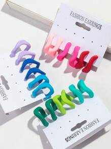 1 Set Of 6 Pairs Popular Fashion Colorful Matte Acrylic Asymmetrical Geometric C-Shaped Hoop Earrings Suitable For Women's Daily Wear - Colorful - View 3
