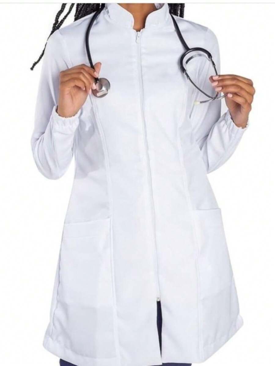 White Lab Coat Zipper Priest Collar Long Sleeve Doctor Dentist Nurse Direct From Factory - White - View 1