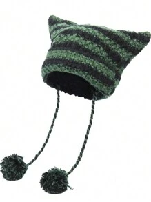 1 件装可爱黑白条纹猫耳针织帽女士秋冬 Y2K 带绒球针织帽万圣节 - 彩色 - 查看 8