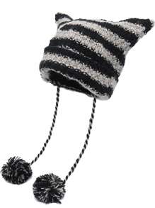 1 件装可爱黑白条纹猫耳针织帽女士秋冬 Y2K 带绒球针织帽万圣节 - 彩色 - 查看 2