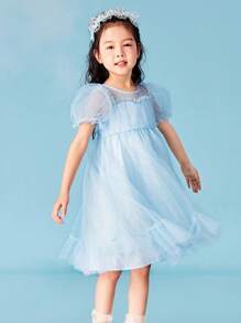 mini bala Summer Girls A-Line Dress With Flowy Mesh Puff Sleeves And High Waist Princess Skirt - Blue - View 2