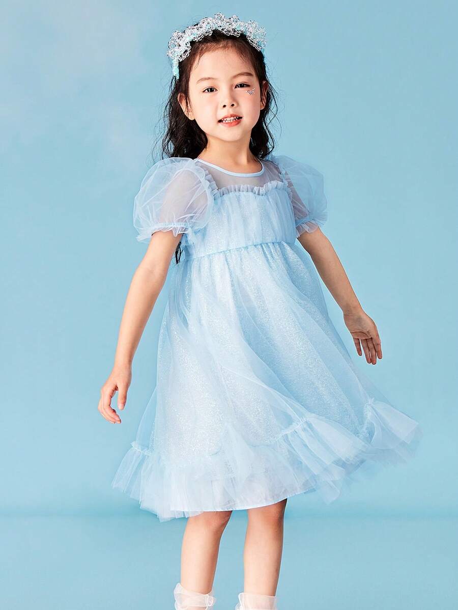 mini bala Summer Girls A-Line Dress With Flowy Mesh Puff Sleeves And High Waist Princess Skirt - Blue - View 1