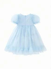 mini bala Summer Girls A-Line Dress With Flowy Mesh Puff Sleeves And High Waist Princess Skirt - Blue - View 7