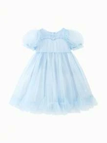 mini bala Summer Girls A-Line Dress With Flowy Mesh Puff Sleeves And High Waist Princess Skirt - Blue - View 6