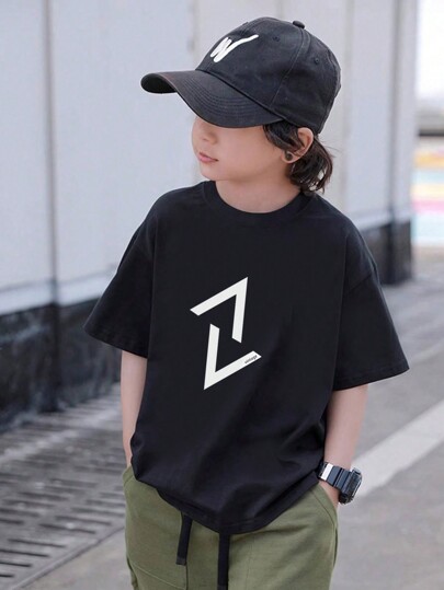 Tween Boy 2025 New Summer Casual Letter Print Black Crew Neck Short Sleeve T-Shirt, 1pc Boys Top