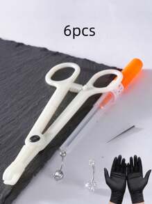 6pcs Belly Button Piercing Tool Kit, Including Round Mouth Piercing Locating Plier, One-Time 14G Piercing Needle, One-Time 14G Outer Diameter Drawing Needle,  Black Glove And 2 Navel Piercing Rings, Suitable For Beauty Personal Use - Multicolor - View 15