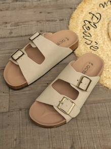 Sandalias de cuña de corcho de talla grande, chanclas cómodas de suela gruesa y punta abierta para hombres y mujeres, con hebilla de cinturón para uso exterior en la playa - Beis - Ver 6