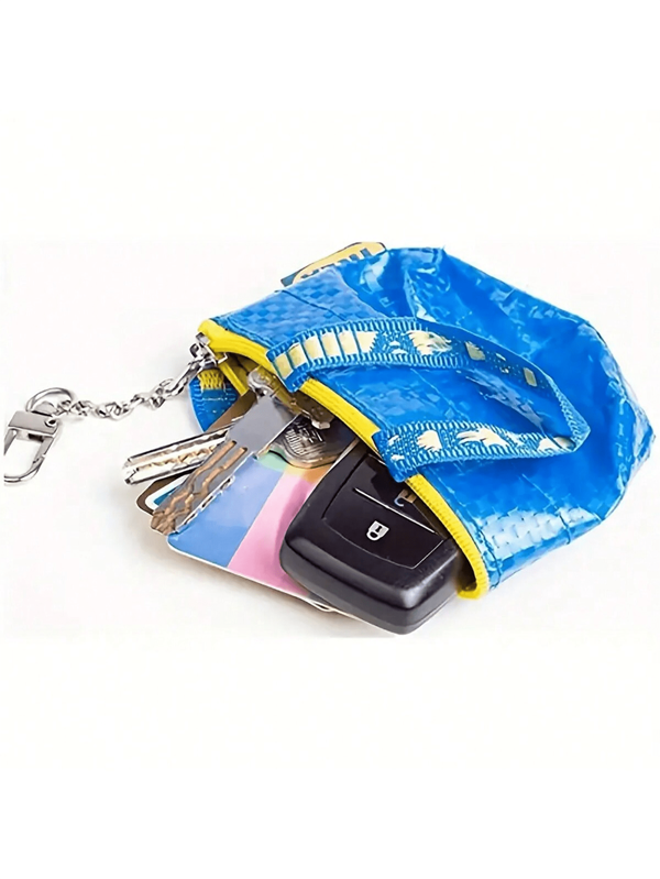 Blue Woven Coin Purse For People, Fashion Card Holder & Keychain Wallet, Mini Coin Purse