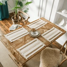 Boho Table Runner Handmade Hemstitch Blue Table Runner Or Dresser Scarf,Blue Rustic Macrame Table Runner With Tassels For Bohemian Dining Bedroom Decor Bridal ,Rectangular - Beige - View 7