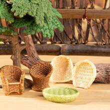 4 piezas, silla de mimbre pequeña y rústica con detalles de PVC, cesta de pescado en miniatura, accesorios creativos de decoración del hogar, adornos de tejido de bambú hechos a mano, pieza de exhibición de artesanía tradicional. - Multicolor - Ver 3