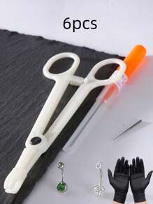 6pcs Belly Button Piercing Tool Kit, Including Round Mouth Piercing Locating Plier, One-Time 14G Piercing Needle, One-Time 14G Outer Diameter Drawing Needle,  Black Glove And 2 Navel Piercing Rings, Suitable For Beauty Personal Use - Multicolor - View 14