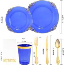 25 piezas Platos transparentes de 7.5 pulgadas/10.25 pulgadas con borde azul y dorado, reutilizables y aptos para lavavajillas, adecuados para reuniones familiares, fiestas, actividades al aire libre, eventos de trabajo en equipo, regalo de Navidad